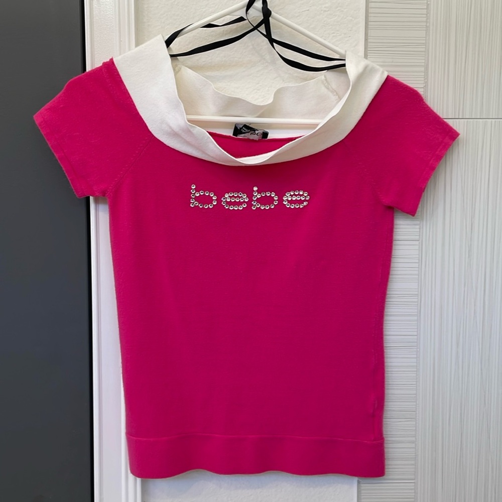 EUC Y2K Vintage BEBE Fuchsia S/S Diamanté Sweater Top, Size S